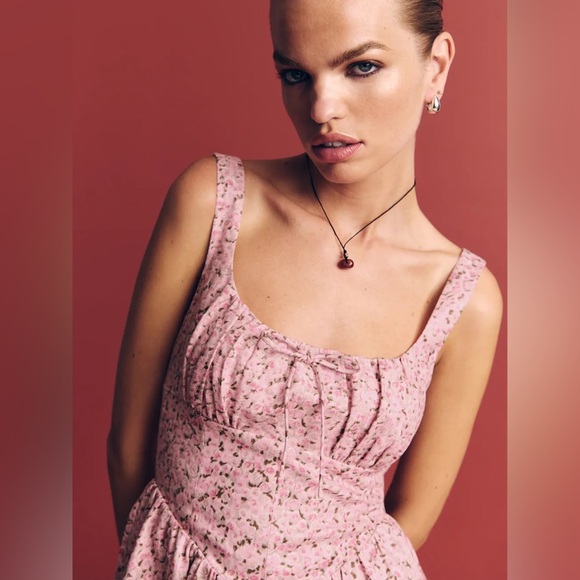 NEW Reformation Daria Linen Mini Dress Bow Rosin Pink Floral | size 0 - Picture 3 of 16